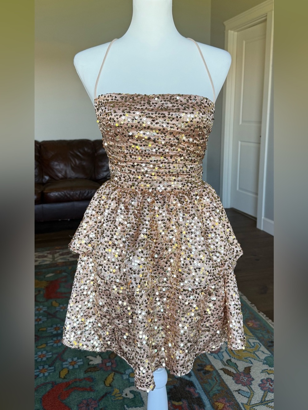 Lucy In The Sky Gold Spaghetti Strap Backless Fit & Flare Sequin Mini Dress, S